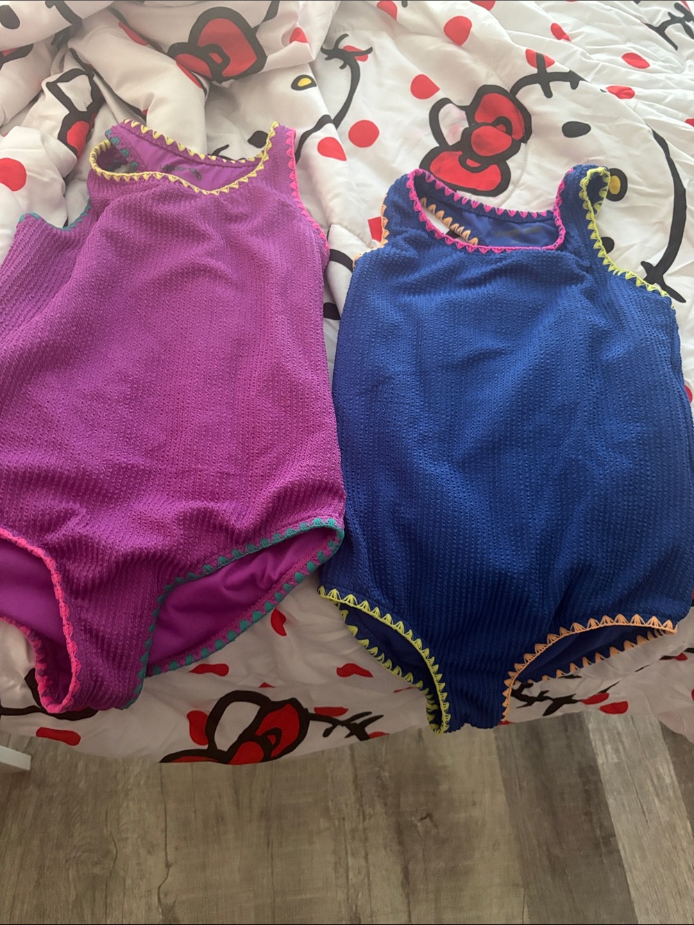 Girls' Purple and Blue Textured One-Piece Swimsuits with Chevron Trim